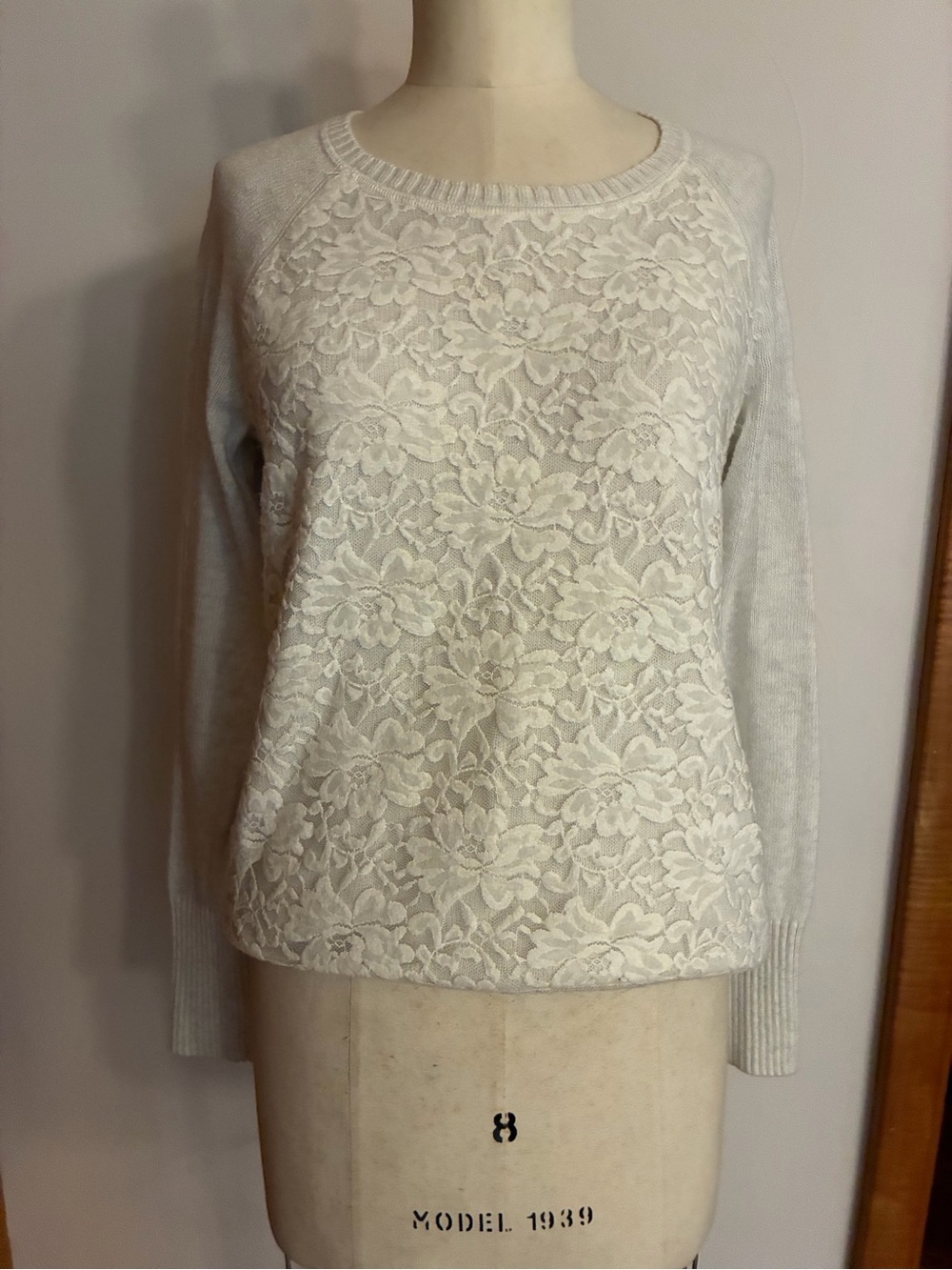 Aeropostale Cream Lace-Front Panel Crewneck Sweater Floral